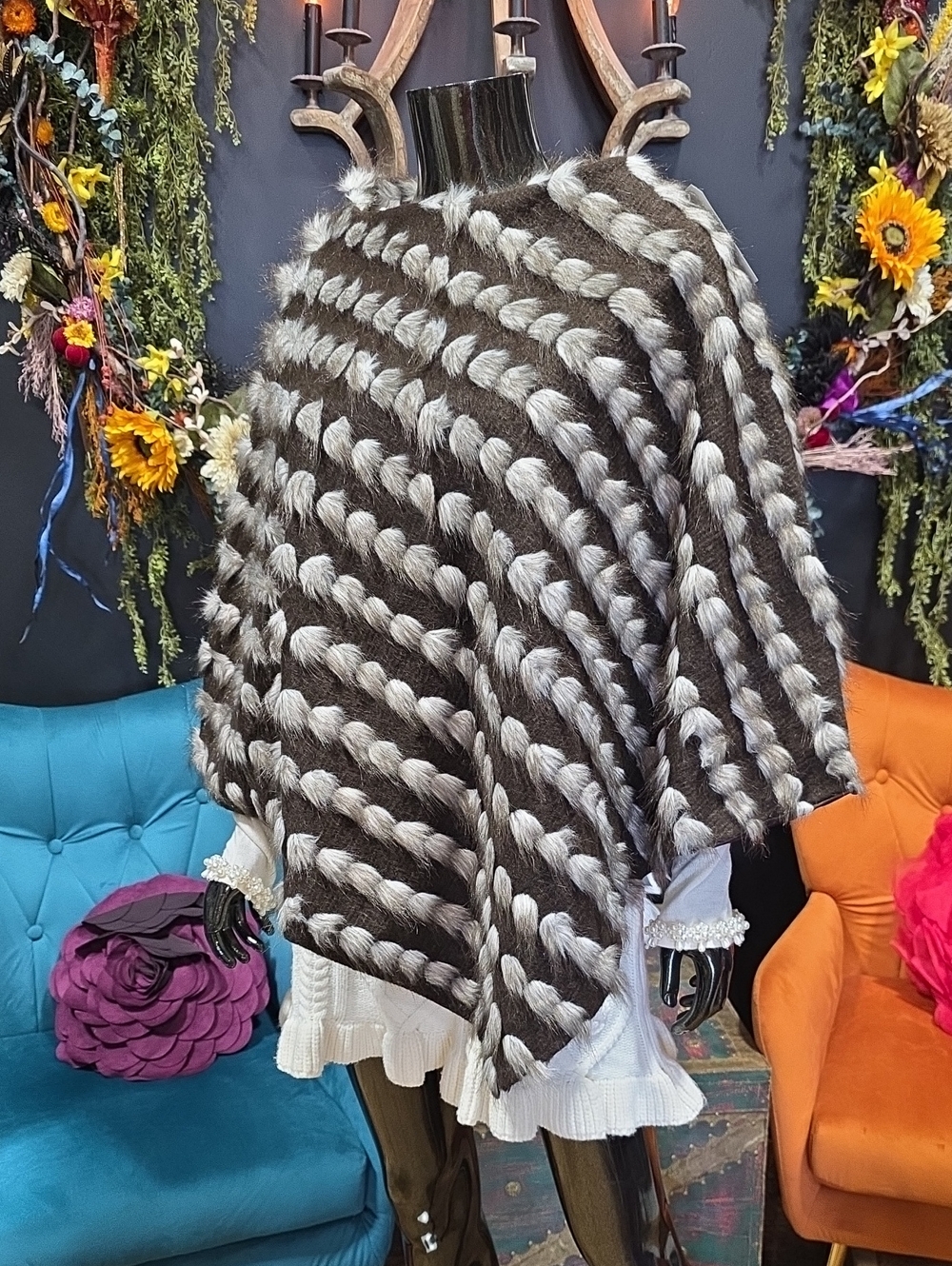 INC Striped Cape in Fur & Brown Panels